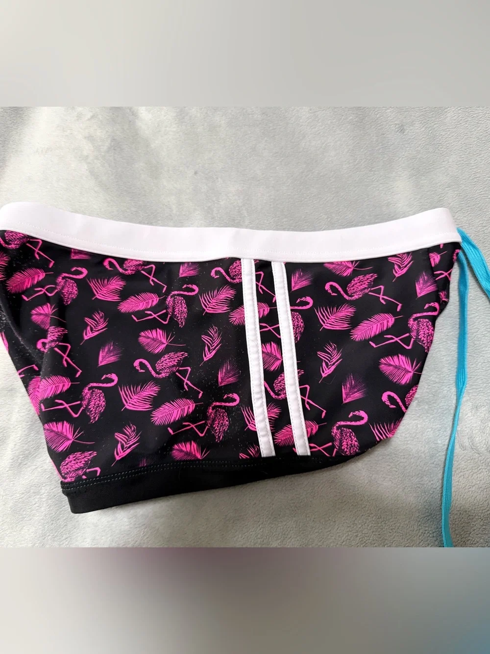 Andrew Christian Black Square Cute bathing suit with Pink Flamingo Print. Mens M